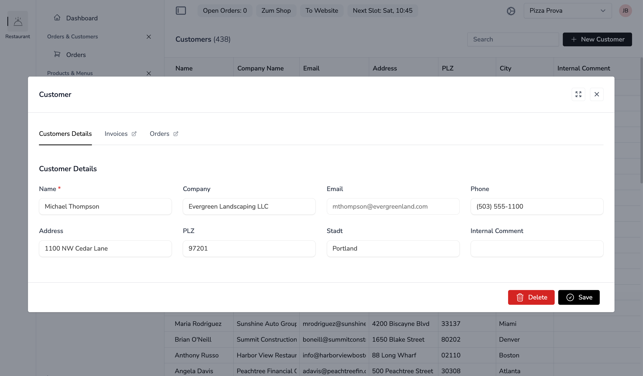 Detail view example showing customer form with tabs